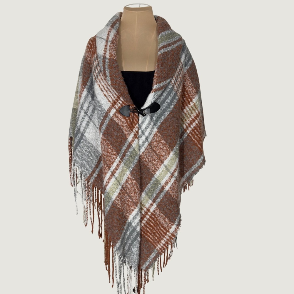 3019 | NWT Rustic Fall Plaid Fringe Toggle Wrap Shawl Poncho Rust OS Cozy